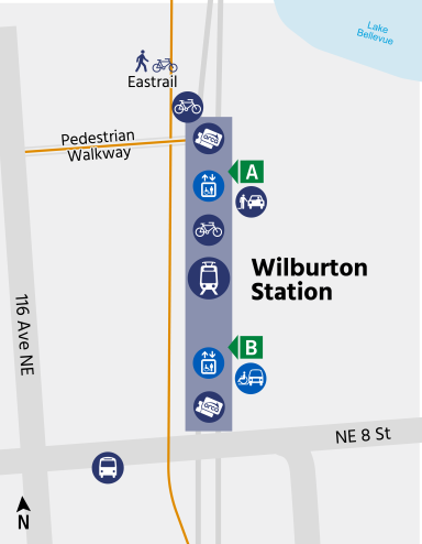 area map depicting icons showing relative locations of train platform, ORCA Ticket Vending Machines, Passenger Pick-up/Drop-off, Eastrail intersection with the pedestrian walkway, and bike lockers at Wilburton Station