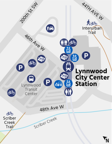 A map showing amenities at Lynnwood City Center Station. Read content under accessibility and passenger pick-up/drop-off headings.