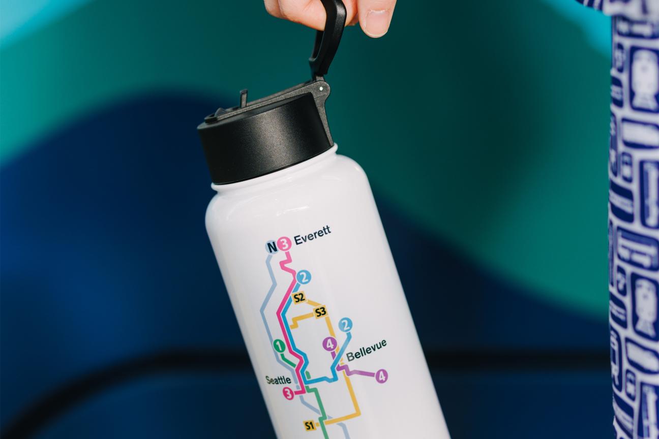 A water bottle with Sound Transit's future system map.