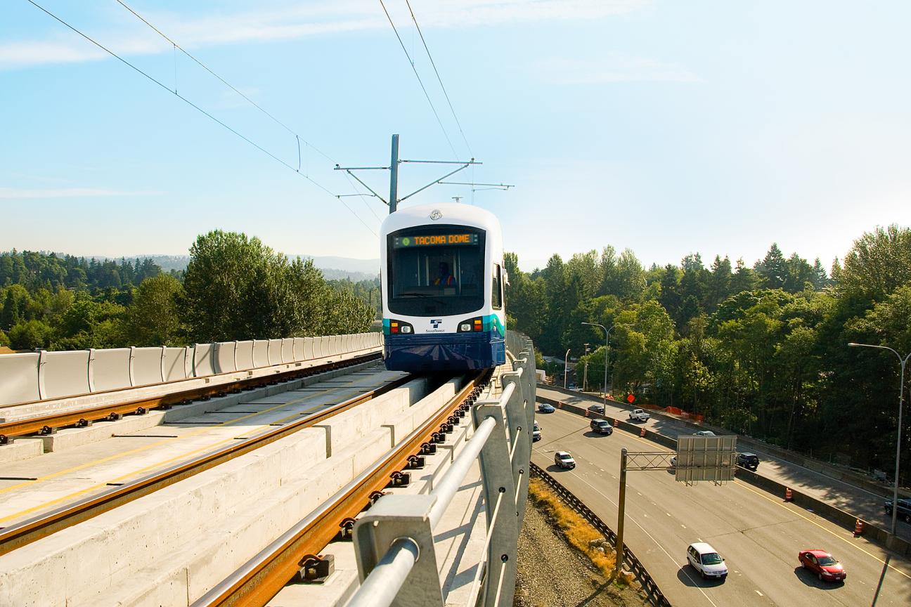 Rendering of train on the tracks of the Tacoma Dome Link Extension