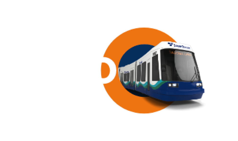 A graphic depicting a T Line train emerging from the letter o in the word hello.