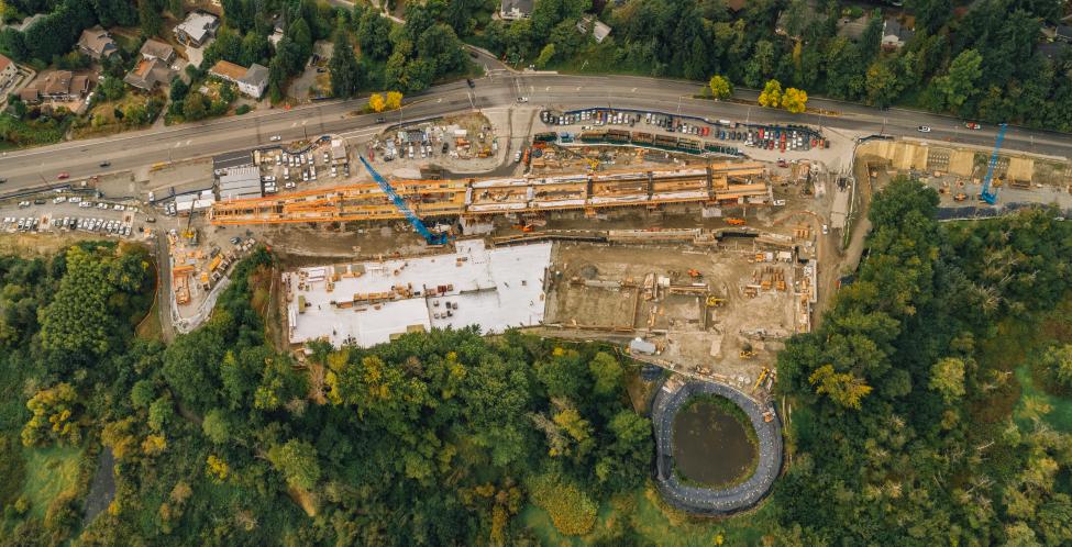 An aerial view of the future South Bellevue East Link Station under construction