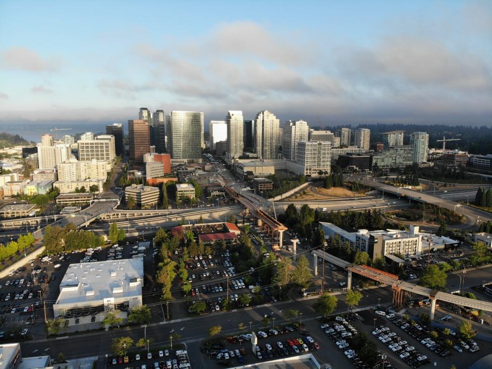 An aerial view of the new East Link light rail bridge crossing I-405 from downtown Bellevue. 