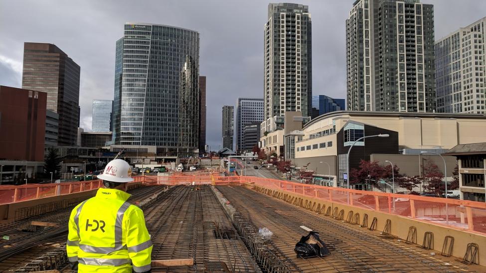 A look back at downtown Bellevue from the new East Link bridge over I-405.