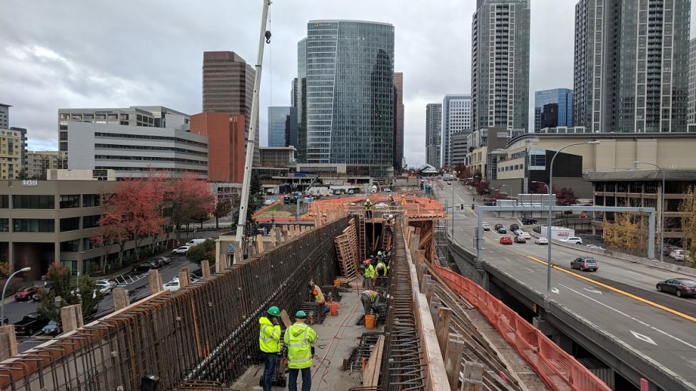 Another view of the work area on the new East Link light rail bridge over I-405.