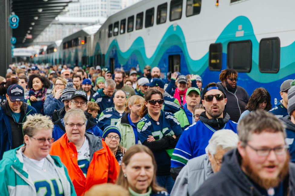 2018 in review: Seahawks fans fill the Sounder platform on their way to a game.