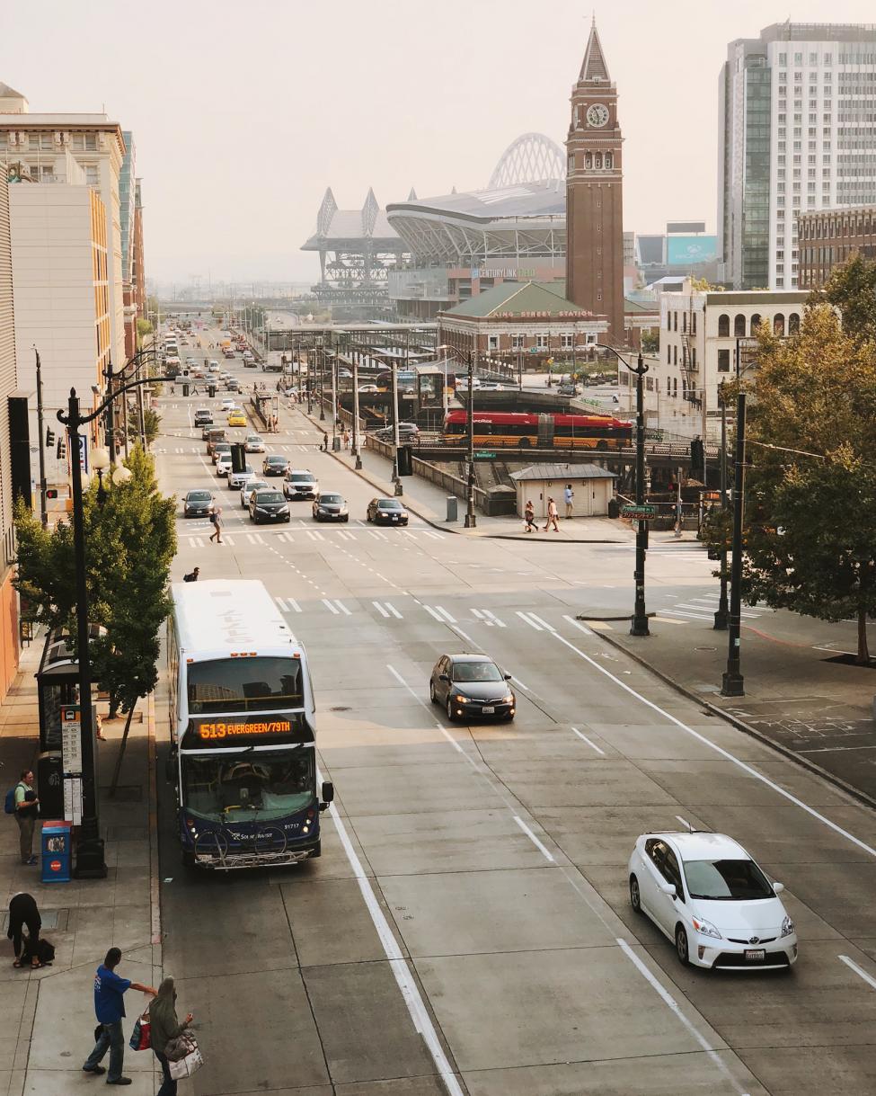 2018 in review: a Sound Transit bus traveling through smoky downtown Seattle last August