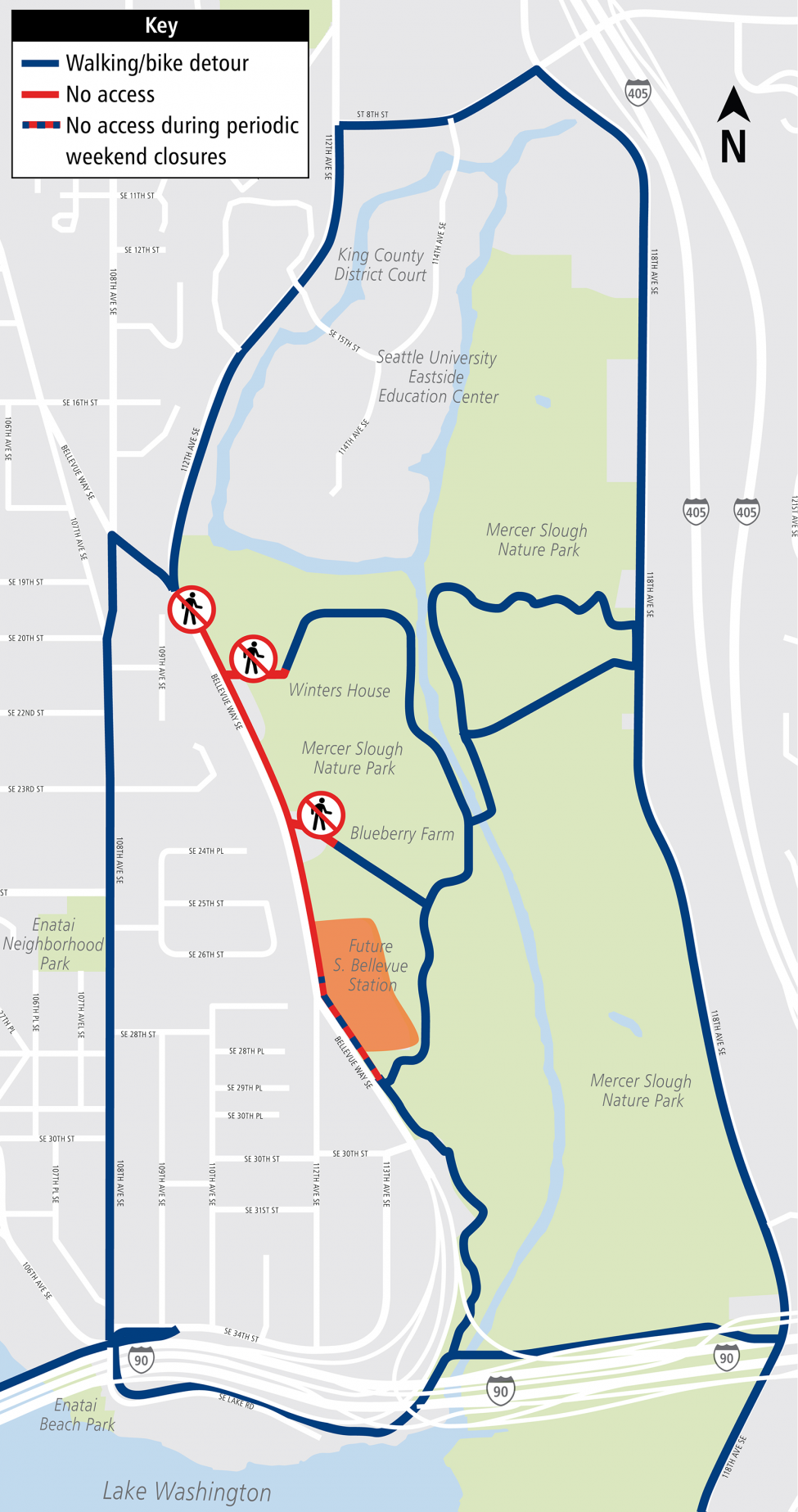 East Link Bellevue Way Southeast sidewalk closure pedestrian bike detour map
