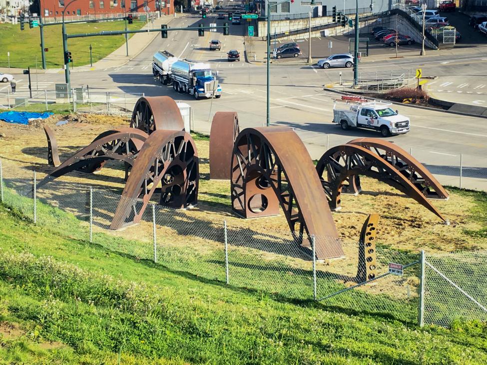 The steel sculpture called Gertie's Ghost after being installed in South Tacoma