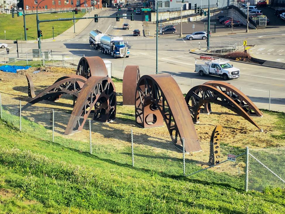 The steel sculpture called Gertie's Ghost after being installed in South Tacoma