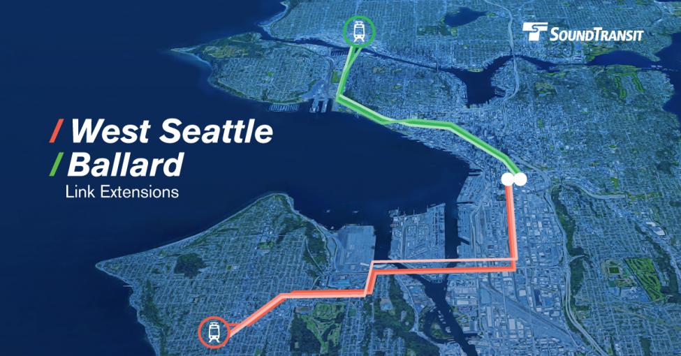 Aerial map showing potential routes for the West Seattle and Ballard Link light rail extensions