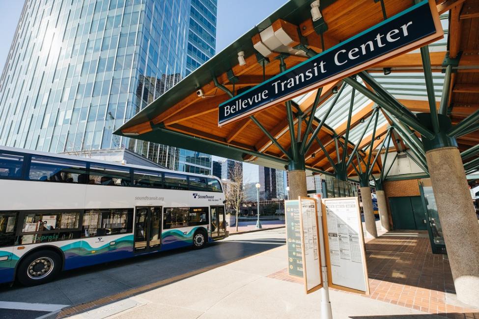 A double decker bus pulls in to the downtown Bellevue Transit Center