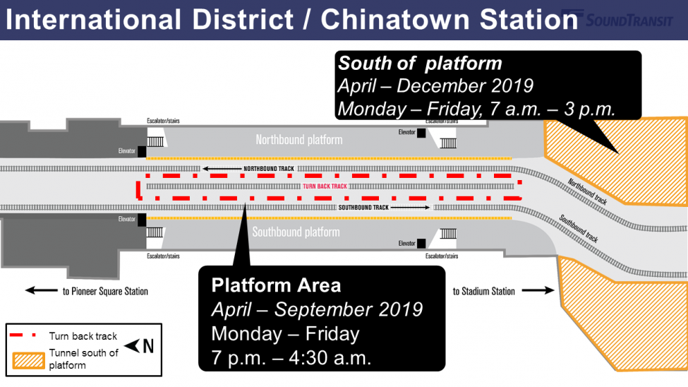 A map showing the work areas between the north and southbound platforms at International District / Chinatown Station