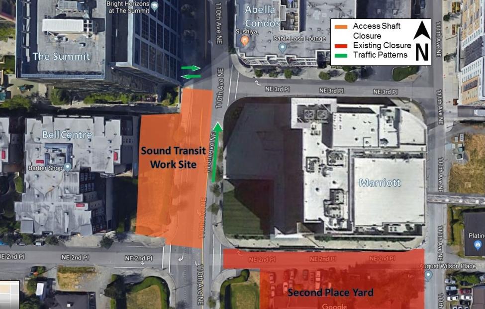 Long-term closure at 110th Avenue NE in downtown Bellevue map.