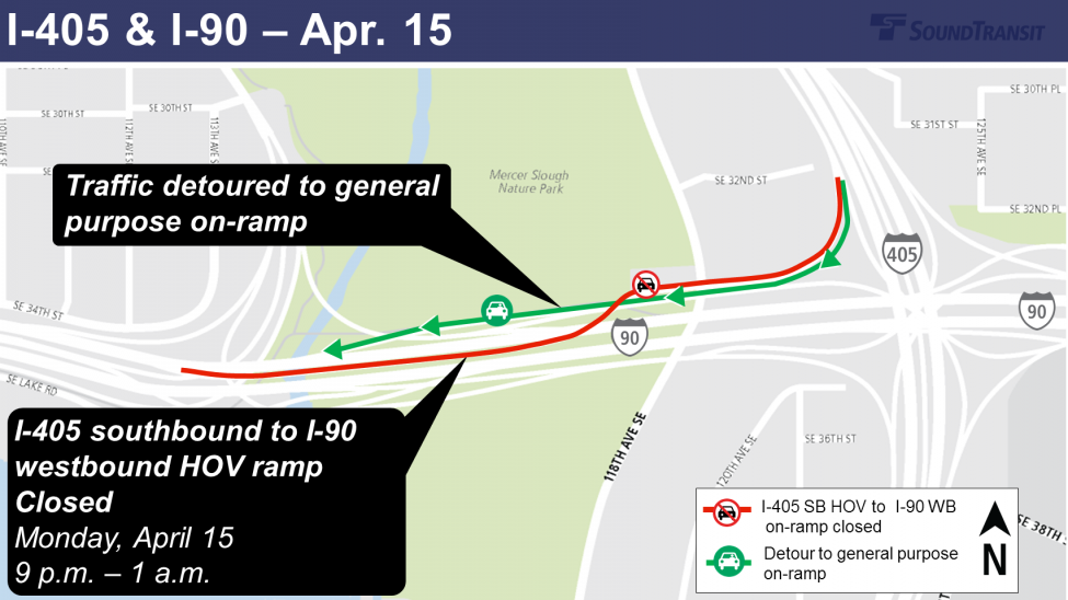 Map of traffic detours for I-405 and I-90 for Monday, April 15.