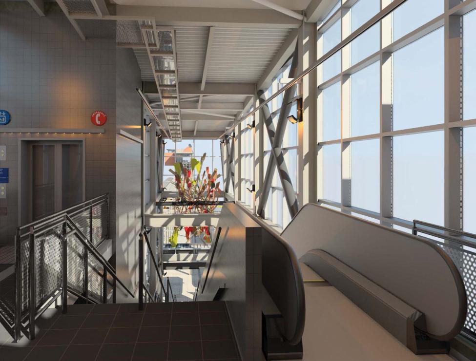 A rendering of what the 77th Avenue Southeast entrance will look like when complete. The elevator shaft is to the left, stairs in the center and the escalator will be to the right.