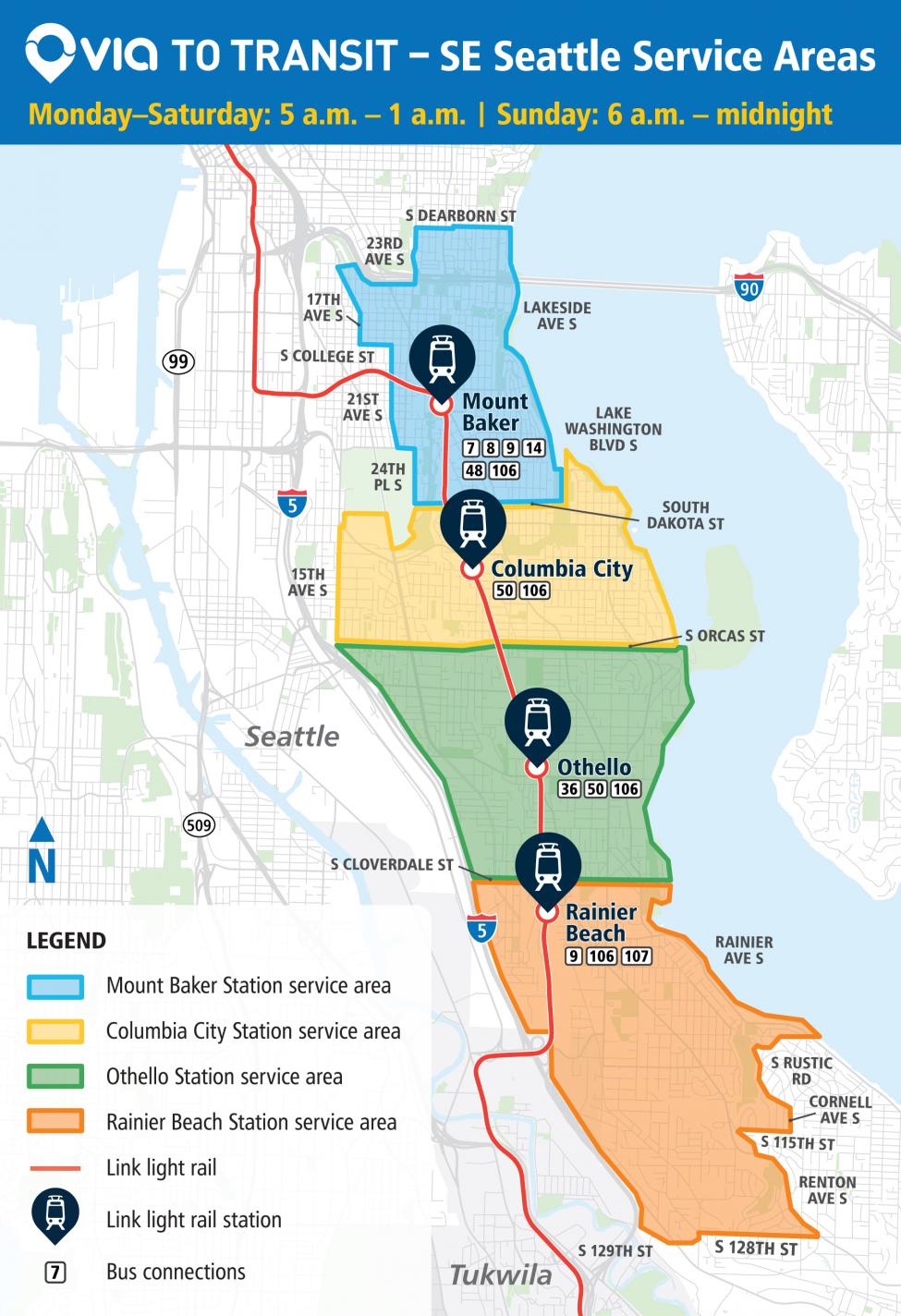 A map showing the locations in the Rainier Valley where riders can hail a ride to a Link light rail station through a new partnership with Via. 