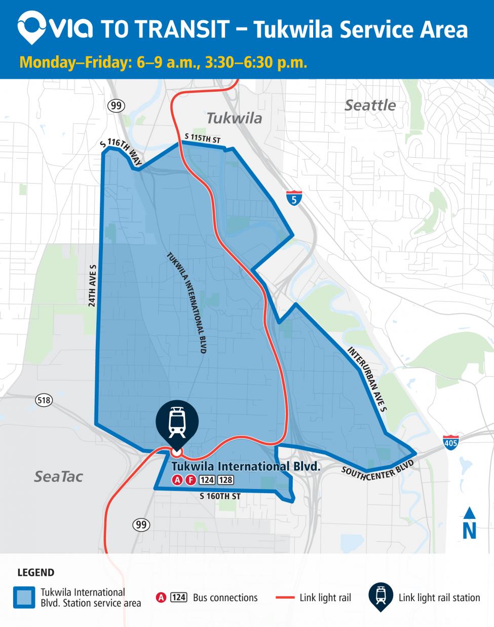 A map showing the locations near Tukwila International Boulevard Station where riders can hail a ride to a Link light rail station through a new partnership with Via. 