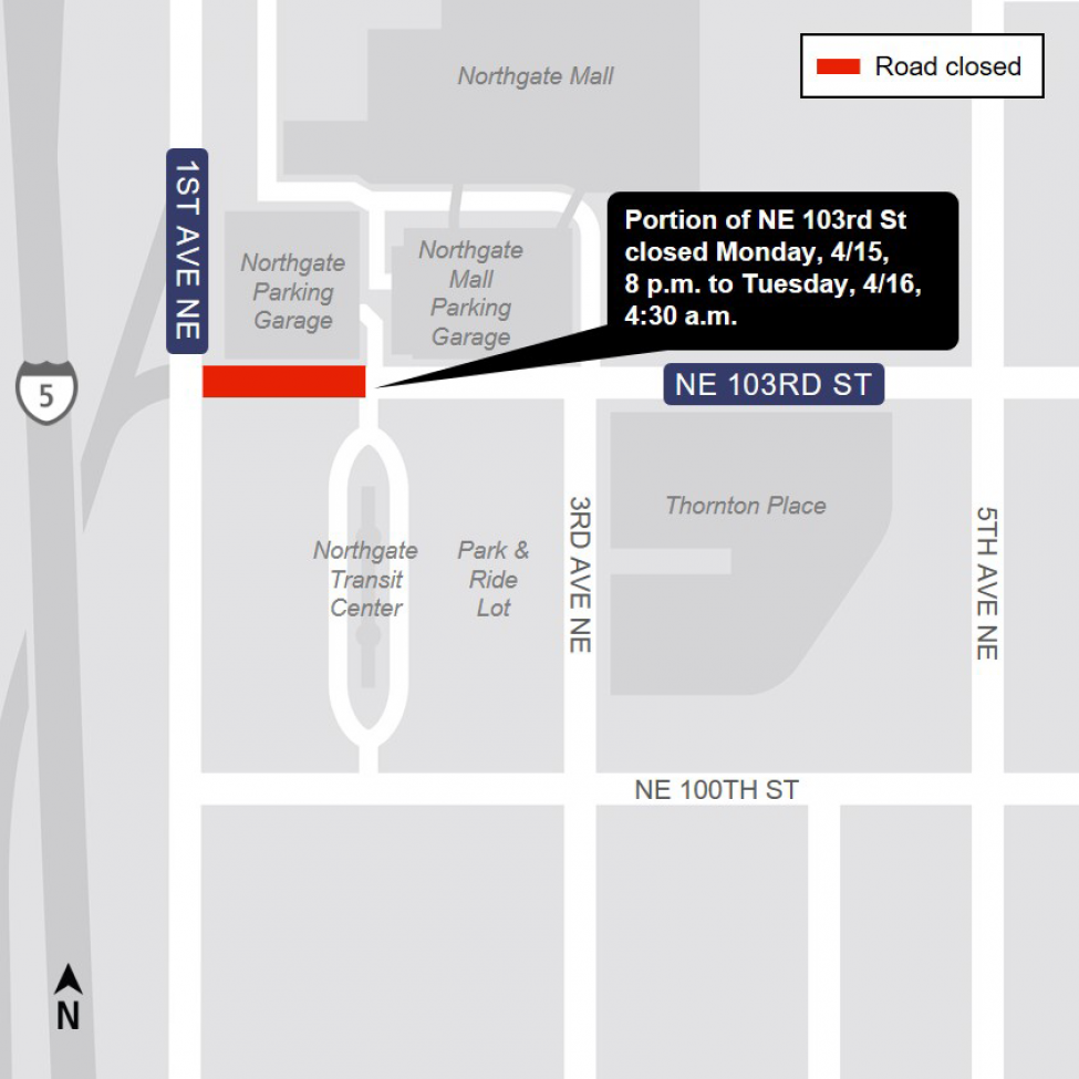 Map of Northeast 103rd Street closure for Monday, April 15.