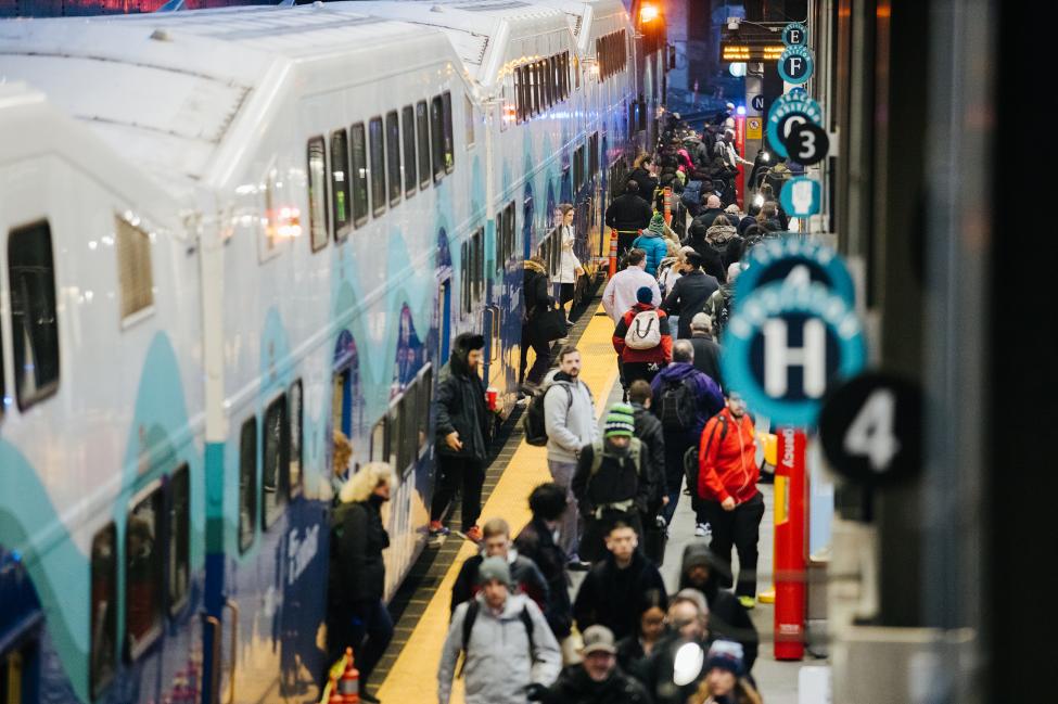 Commuters exit a Sounder train.