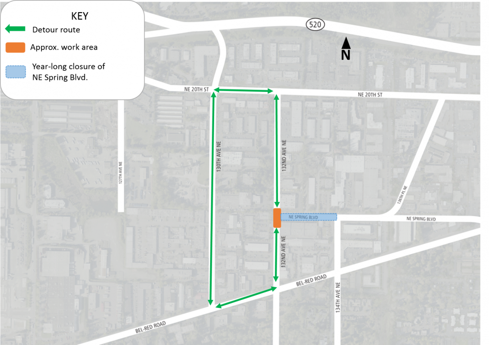 Map of intersection closure of 132nd Avenue Northeast and Northeast Spring Boulevard.