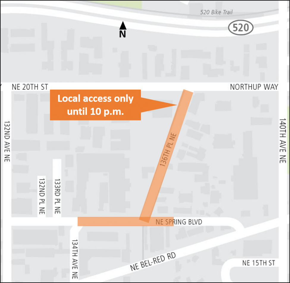 Map of nighttime road closures on 136th Place Northeast from Northeast Spring Boulevard to Northeast 20th Street.