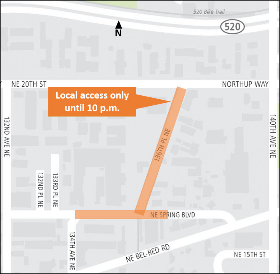 Map of nighttime roadway closures on Northeast Spring Boulevard.