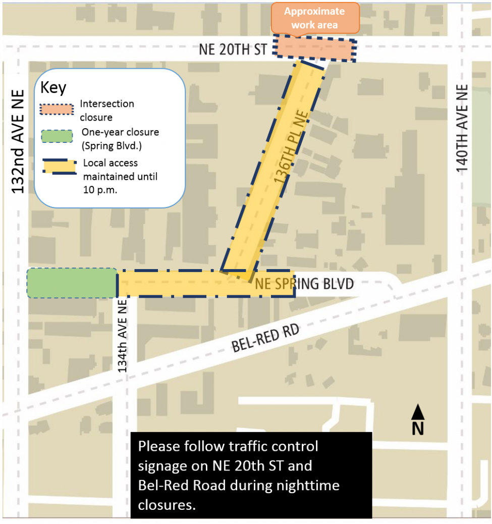 Map of construction impacts on NE 20th St and 136th PL NE.