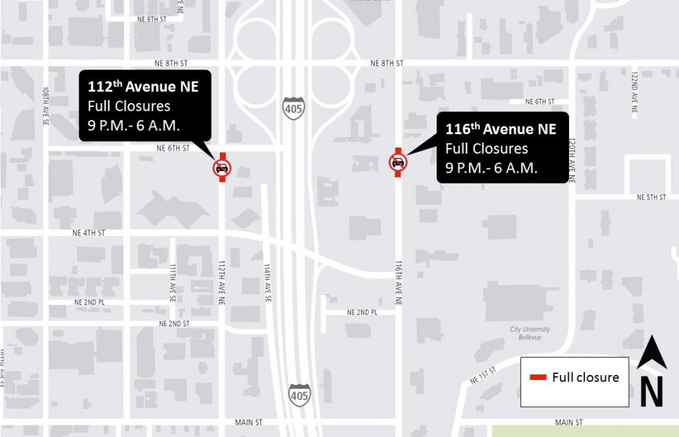 Map of 112th and 116th Avenues Northeast closures.