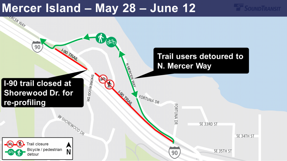 Map of I-90 Shorewood Trail closure and detour.