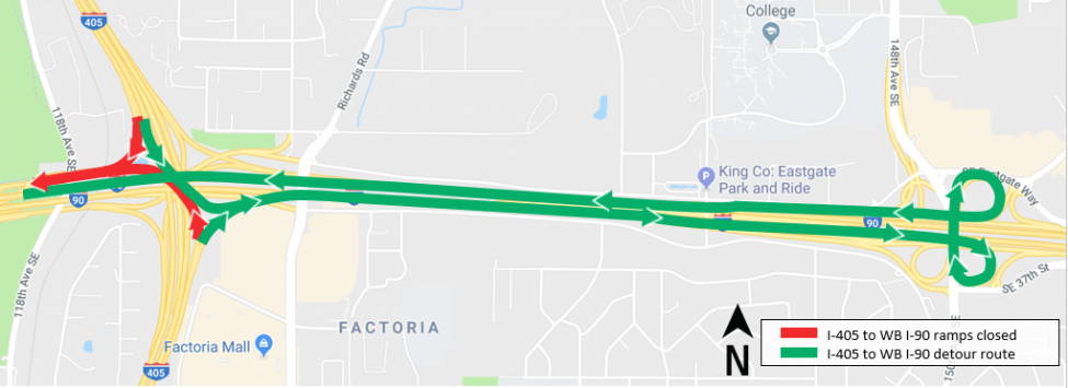 I-405 North to I-90 West detour map.