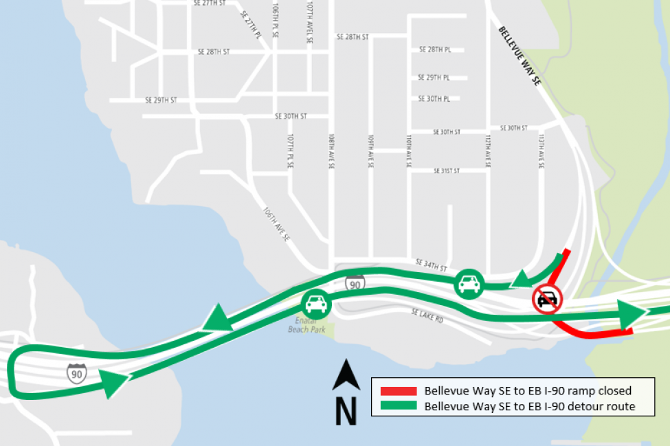 Map of Bellevue Way Southeast to East I-90 ramp closure detour.