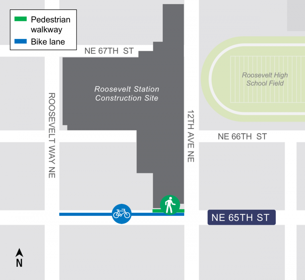 Map of traffic control plan for pedestrian walkway and bike path on Northeast 65th Street between Roosevelt Way Northeast and 12th Avenue Northeast.