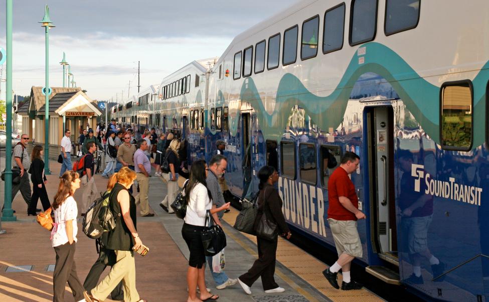 Passengers board the Sounder train at the Puyallup Station.