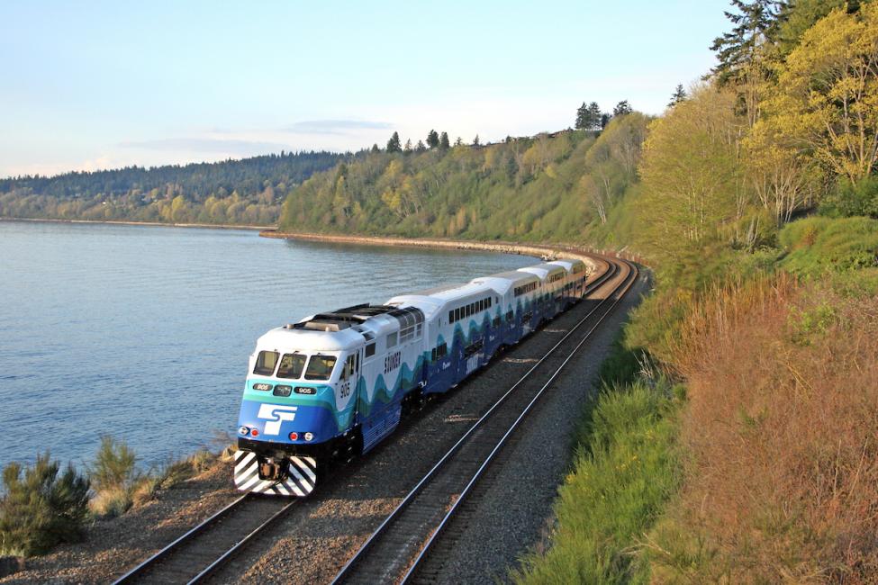 A Sounder train along the waterfront at Carkeek Park in Seattle