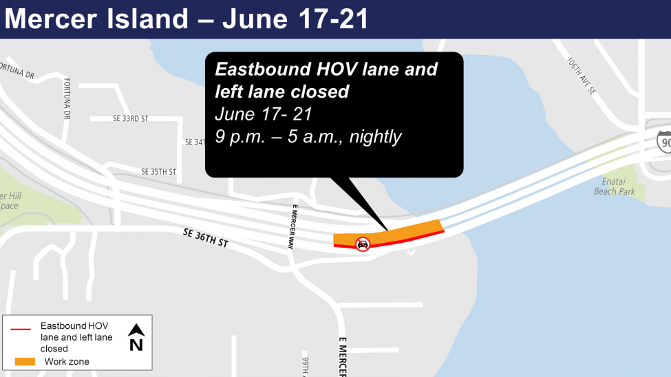 Map of I-90 Eastbound HOV lane and left lane closure