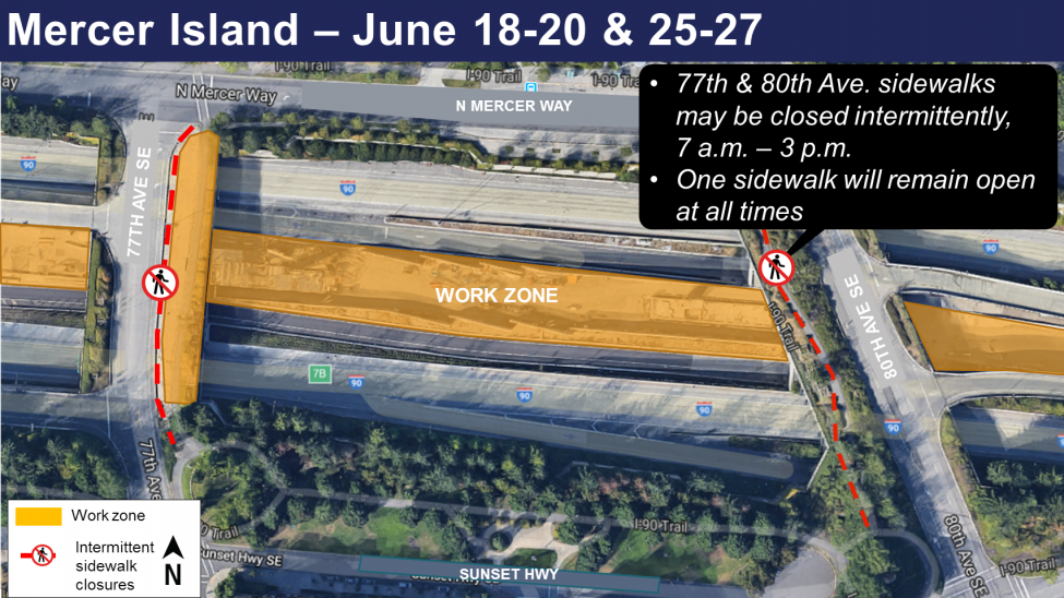 Map of sidewalk closures along 77th Avenue Southeast and eastbound HOV off-ramp closures on Island Crest Way.