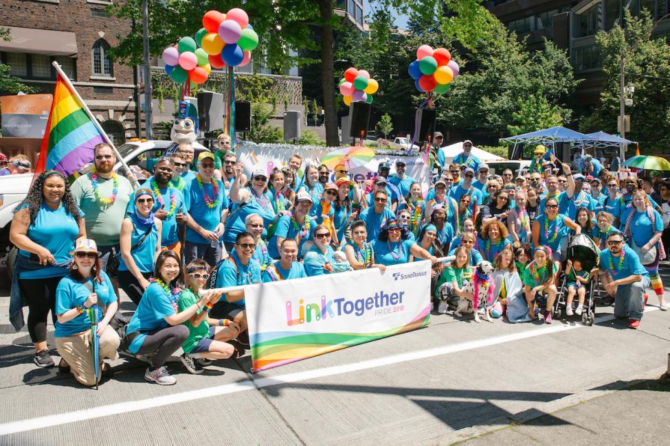 A group shot of the Sound Transit contingent in the 2018 Pride parade. 