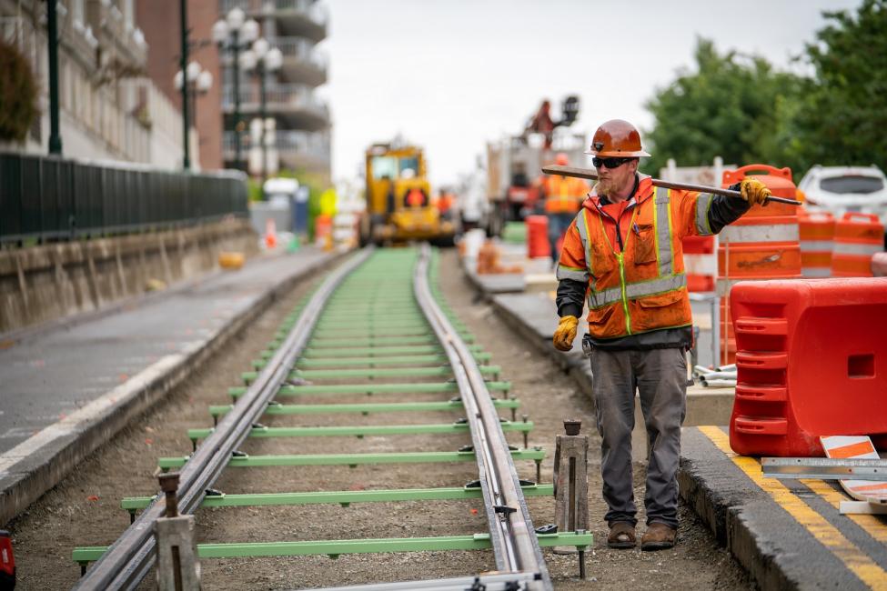 New rails being installed in Tacoma for the Hilltop Tacoma Link Extension opening in 2022.