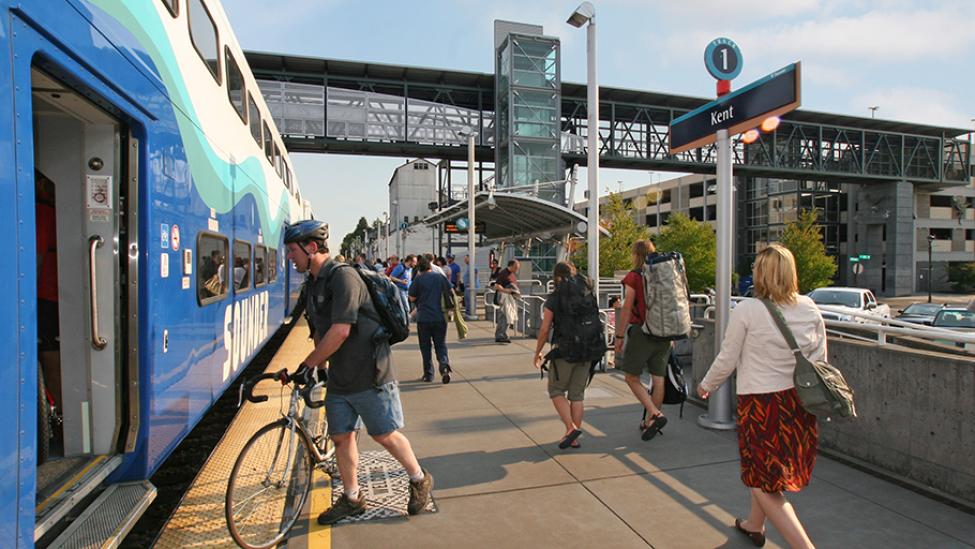 Passengers board the Sounder train at Kent Station.