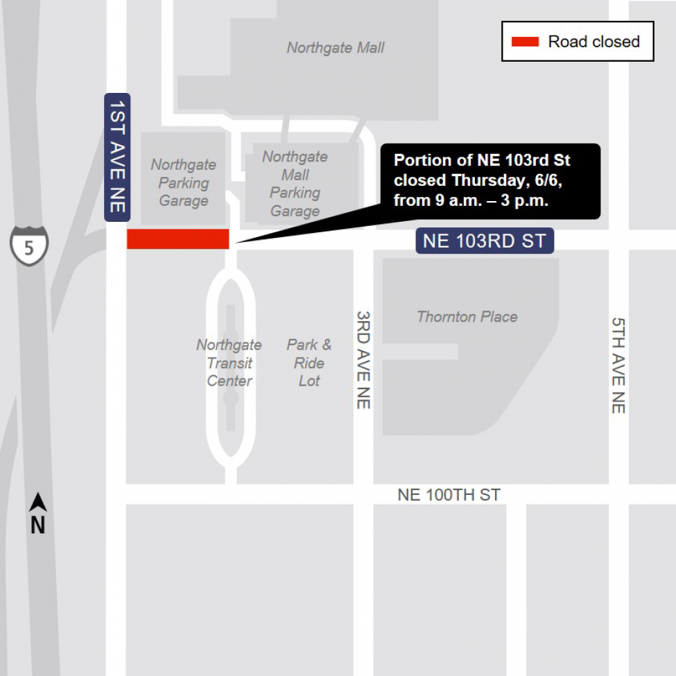 Map of Northeast 103rd Street closure in Northgate.