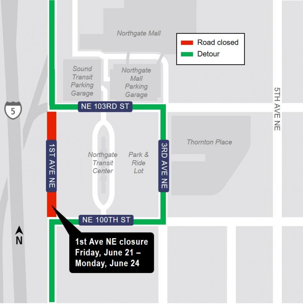 Map of 1st Avenue Northeast closure.