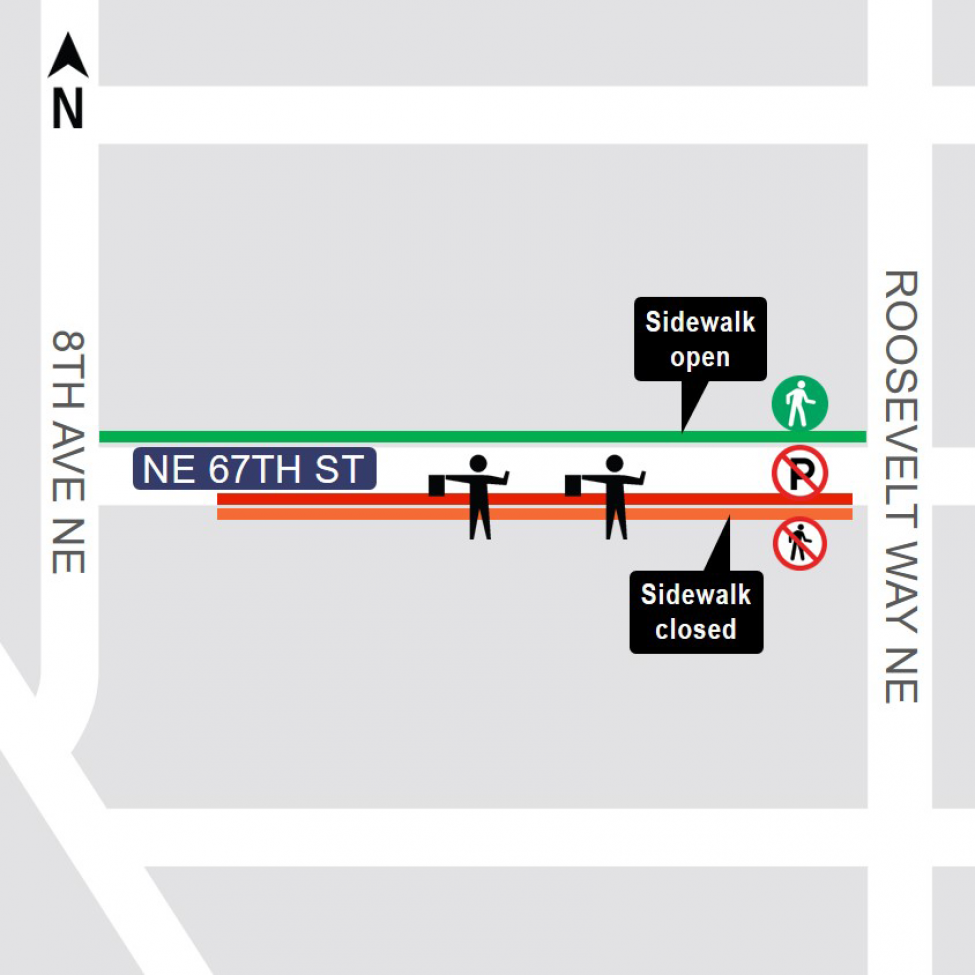 Map of sidewalk closures on Northeast 67th Street.