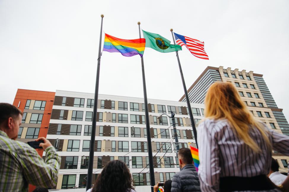 Sound Transit celebrates the second annual raising of the Pride flag outside Union Station on June 3, 2019.