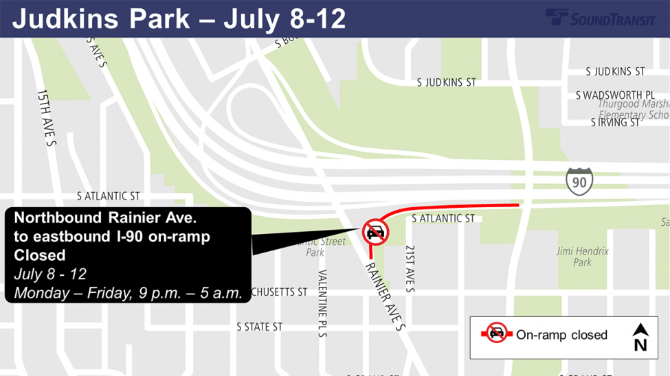 Map of Northbound Rainier Avenue to eastbound I-90 on-ramp closure.