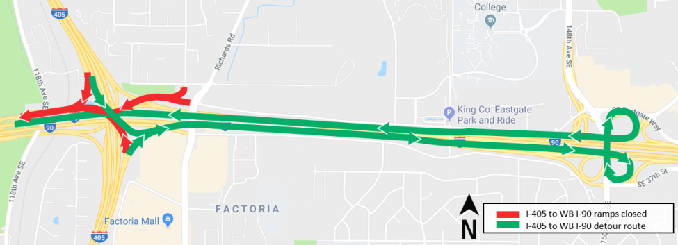 Construction alert: South Bellevue Station, 7/17/2019 - Map of I-405 to westbound I-90 overnight ramp closures and lane reductions on westbound I-90