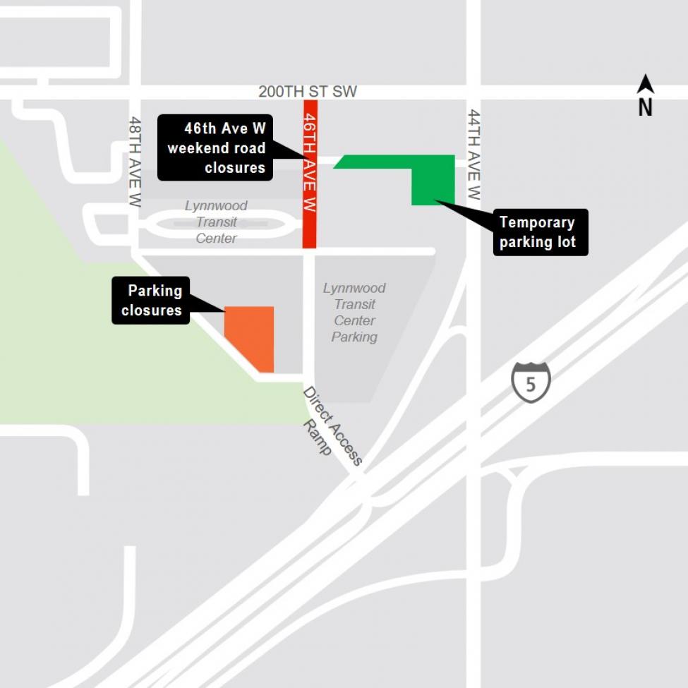 Map of 46th Avenue West and Lynnwood Transit Center parking closures.