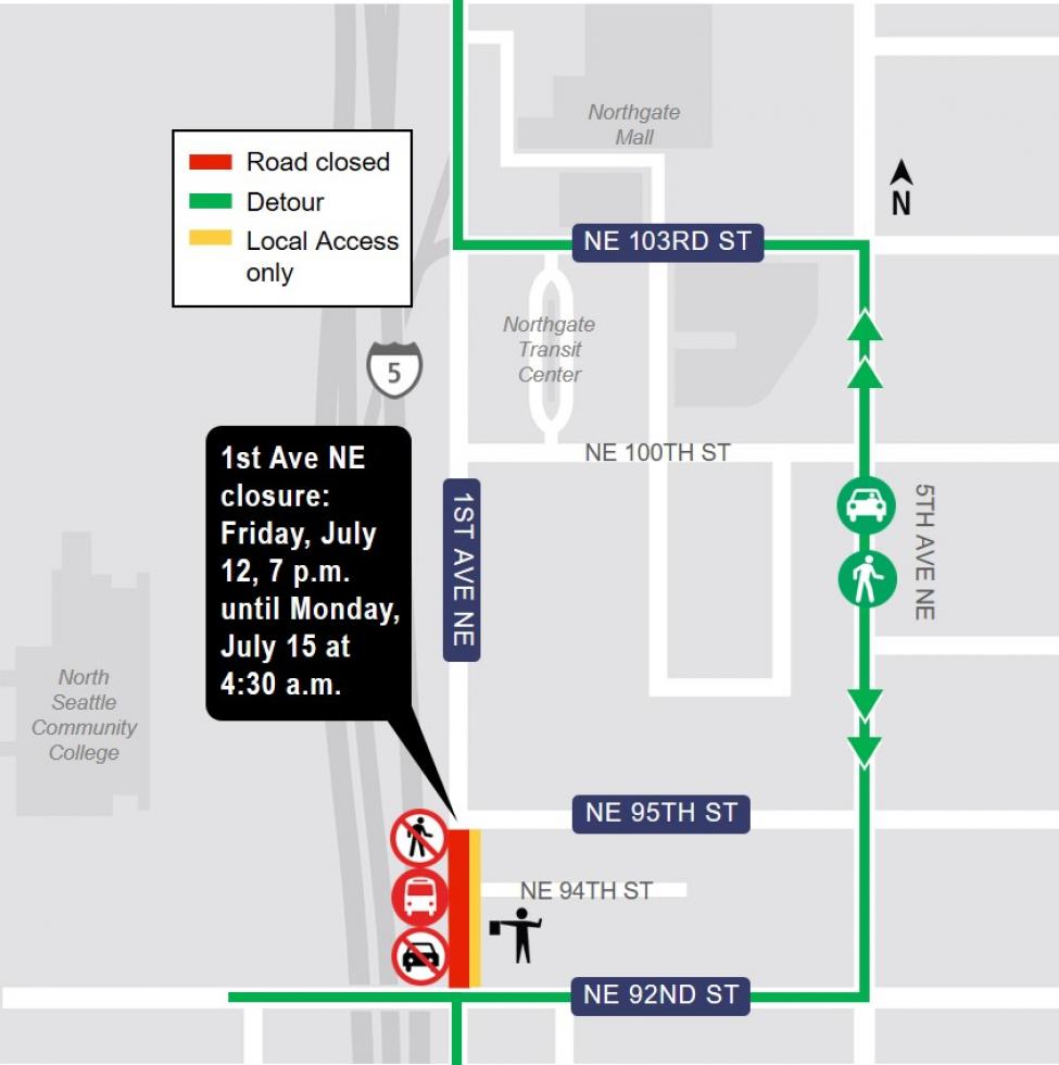 Map of 1st Avenue Northeast closure near future Northgate Station.