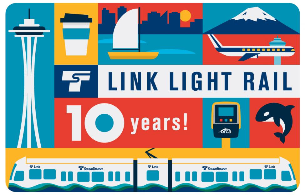 A picture of the commemorative Link 10th birthday ORCA cards showing a light rail train, the Space Needle, Mt. Rainier and other Seattle icons.