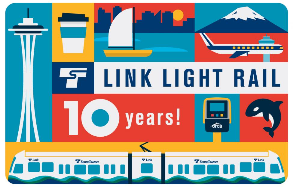 A picture of the commemorative Link 10th birthday ORCA cards showing a light rail train, the Space Needle, Mt. Rainier and other Seattle icons.